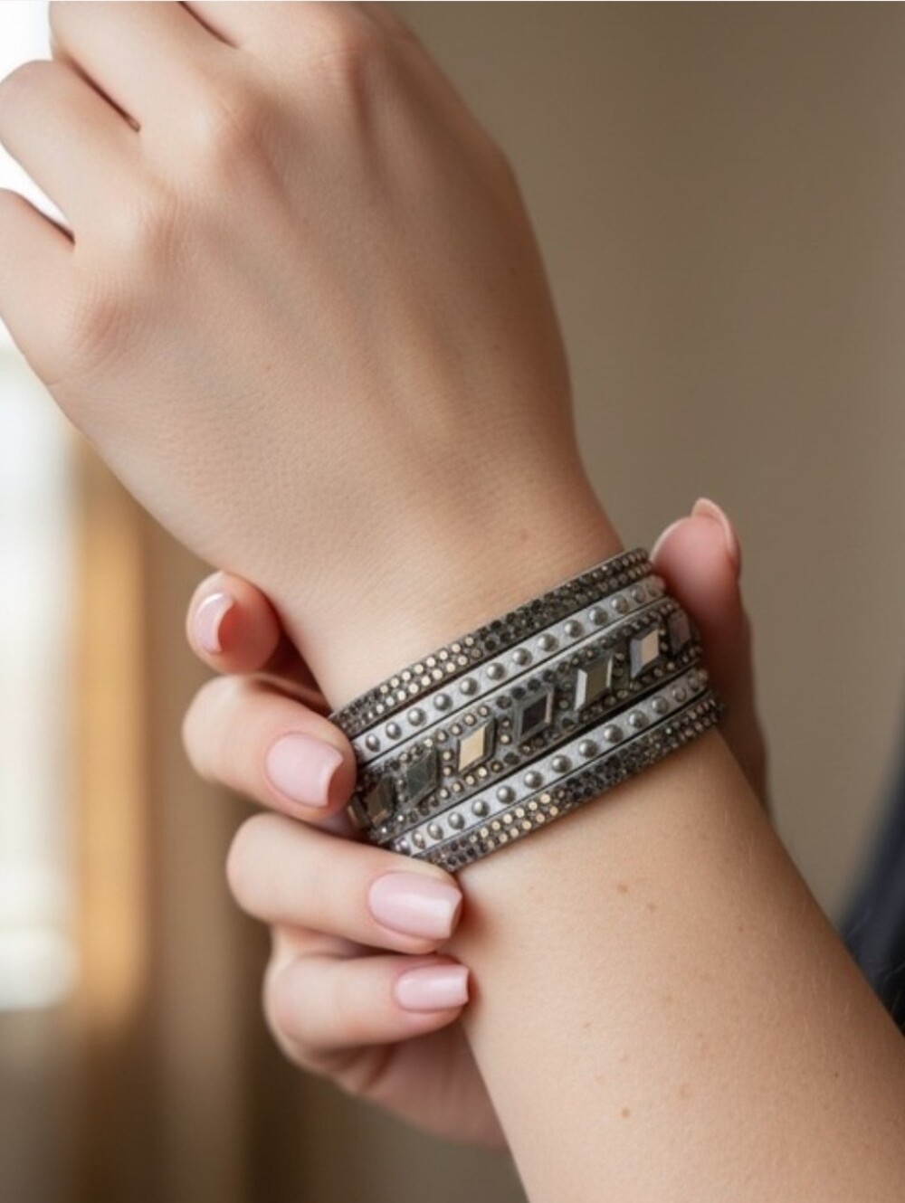Embellished Multi-Row Gray Suede Snap Wrap Bracelet - Gumetal and Silver ~ NWOT